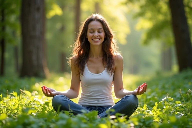 Femeie zâmbitoare care meditează într-o pădure verde, simbolizând echilibrul și sănătatea.