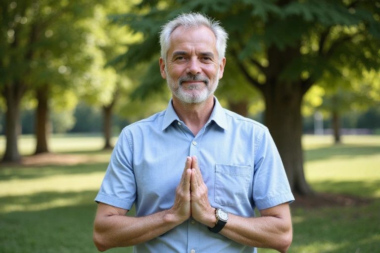 Un bărbat în vârstă care practică yoga în aer liber, simbolizând sănătatea și longevitatea bărbaților.