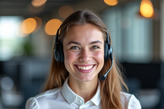 O persoană zâmbitoare care vorbește la telefon într-un call center modern, simbolizând suportul clienți