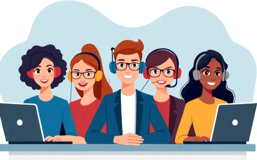 Ilustrație cu o echipă de suport clienți, cu căști și laptopuri, gata să ajute