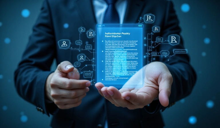 Imagine abstractă reprezentând proprietatea intelectuală, cu simboluri de copyright și o mână care protejează un document digital.
