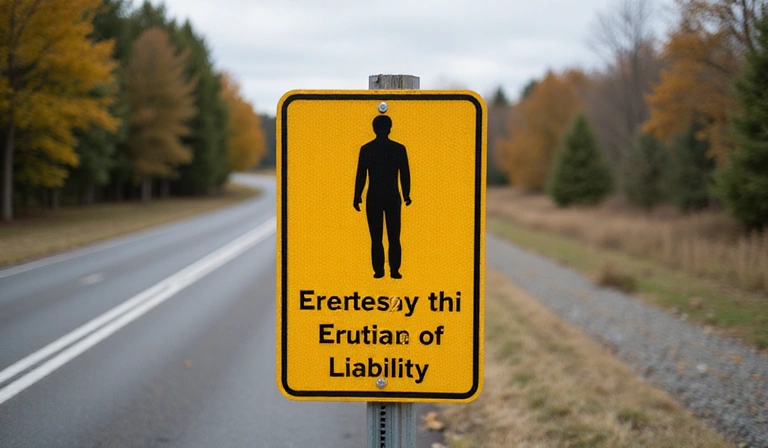 Imagine cu un panou de avertizare rutieră cu un semn de exclamare și o siluetă umană, simbolizând limitarea responsabilității și precauția.