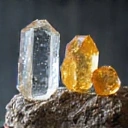Ilustrație cu minerale stilizate, roci și simboluri chimice, reprezentând elemente esențiale