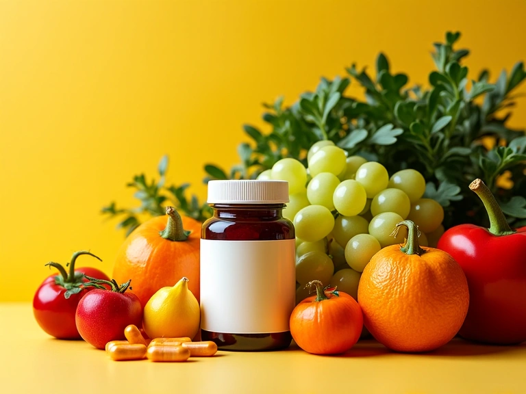 Imagine cu diverse fructe, legume și pastile multivitaminice, simbolizând nutriția esențială și sănătatea
